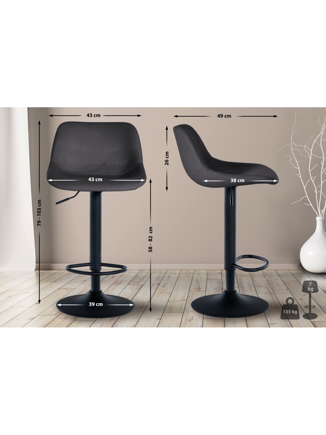 Barstol Loft fløjl, mørkegrå