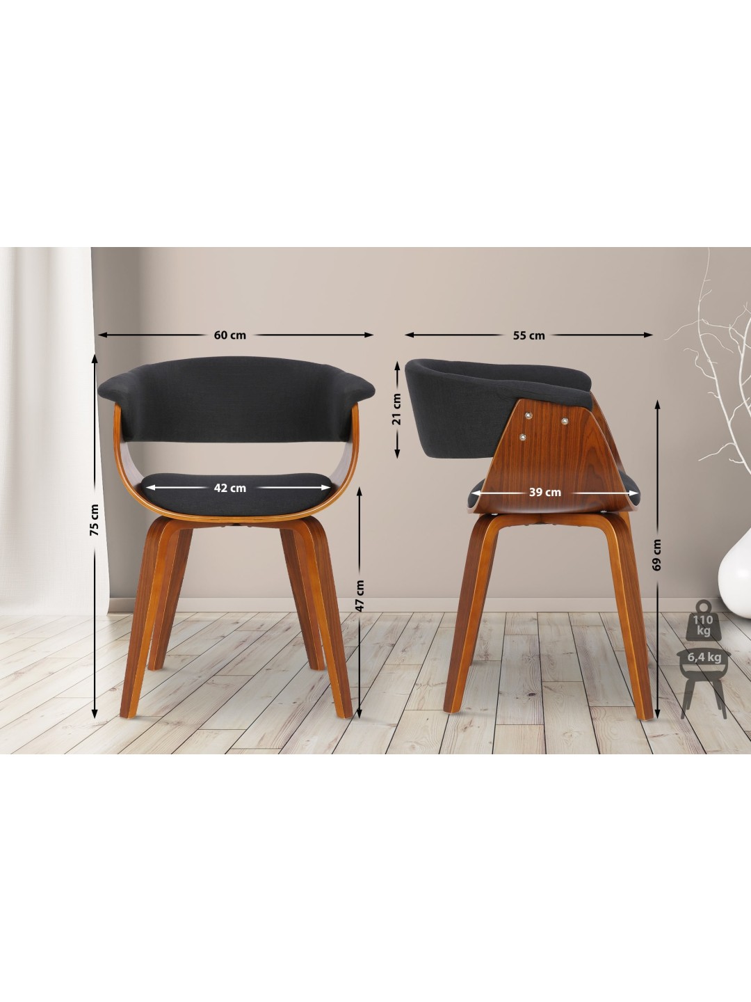 Sæt med 2 stole Bruce stof, valnød/sort
