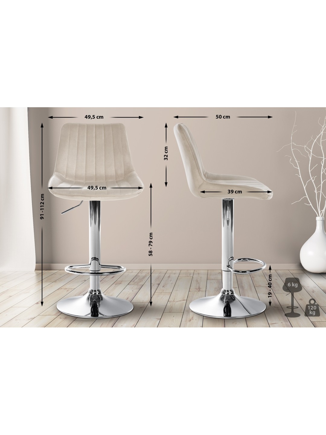 Sæt med 2 barstole Toni velour chrome, creme