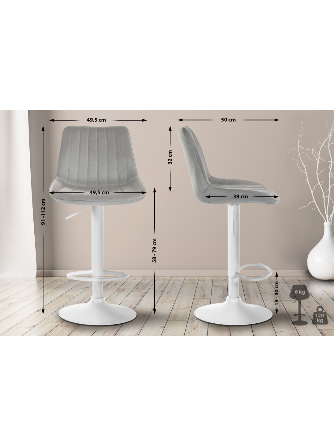 Sæt med 2 barstole Toni velvet, grå