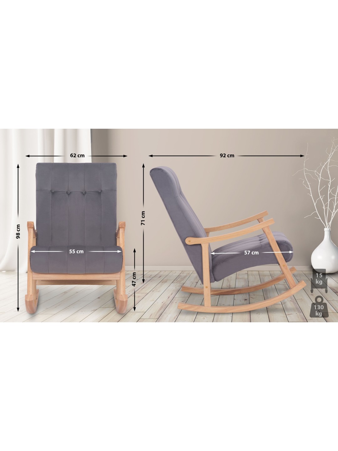 Gyngestol Saltillo fløjl, natura/grau