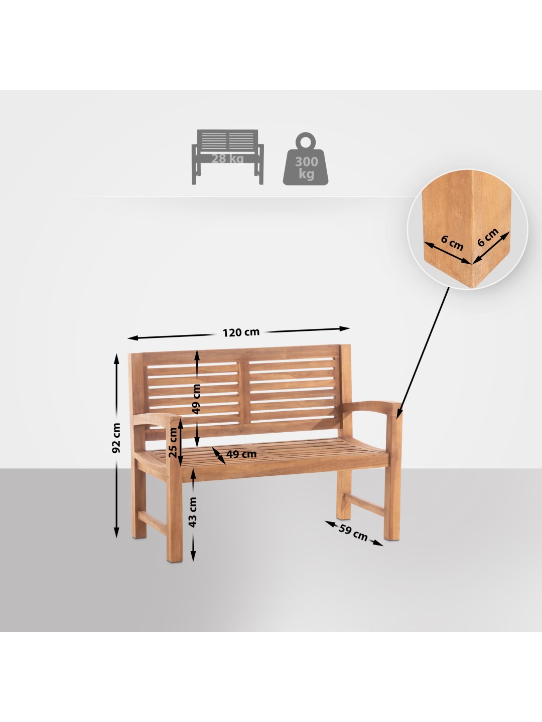 Teak bænk Halden 120 cm med betræk, teak