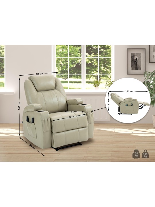 Hepler lænestol med massagefunktion i imiteret læder, creme