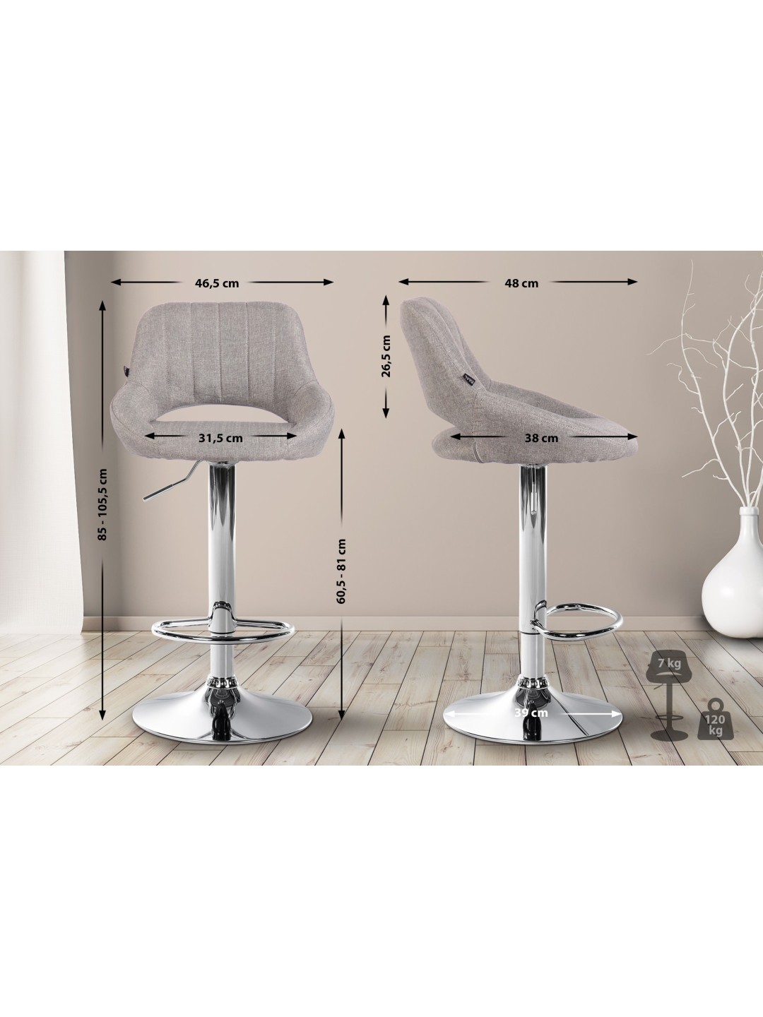 Barstol Milet stof krom, grå