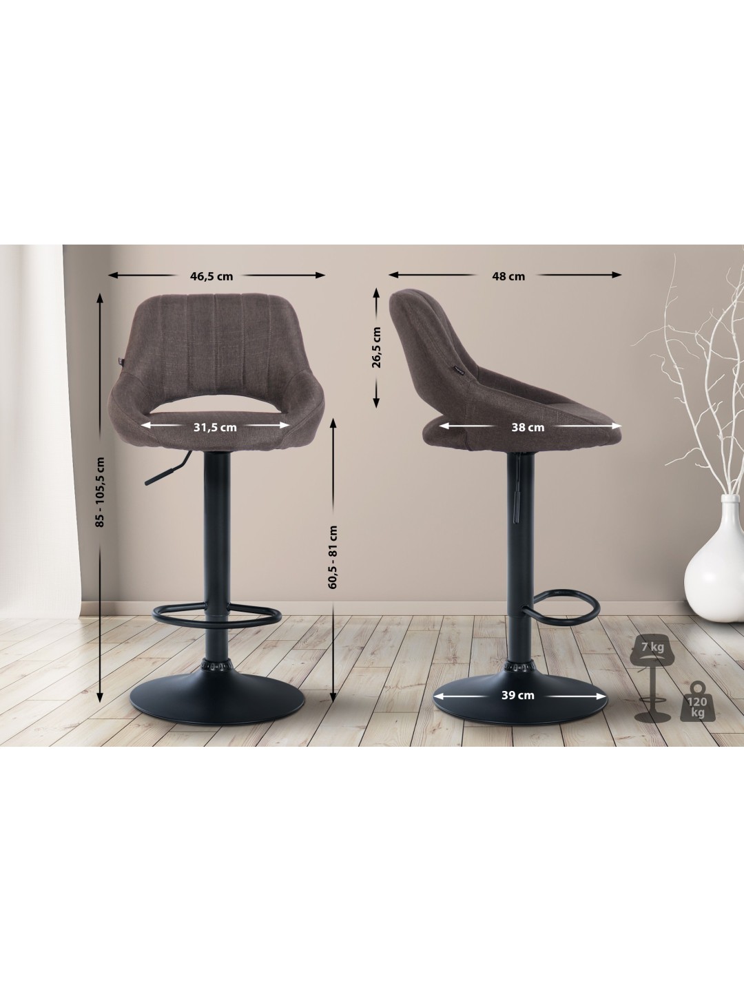 Sæt med 2 barstole Milet stof B, mørkegrå