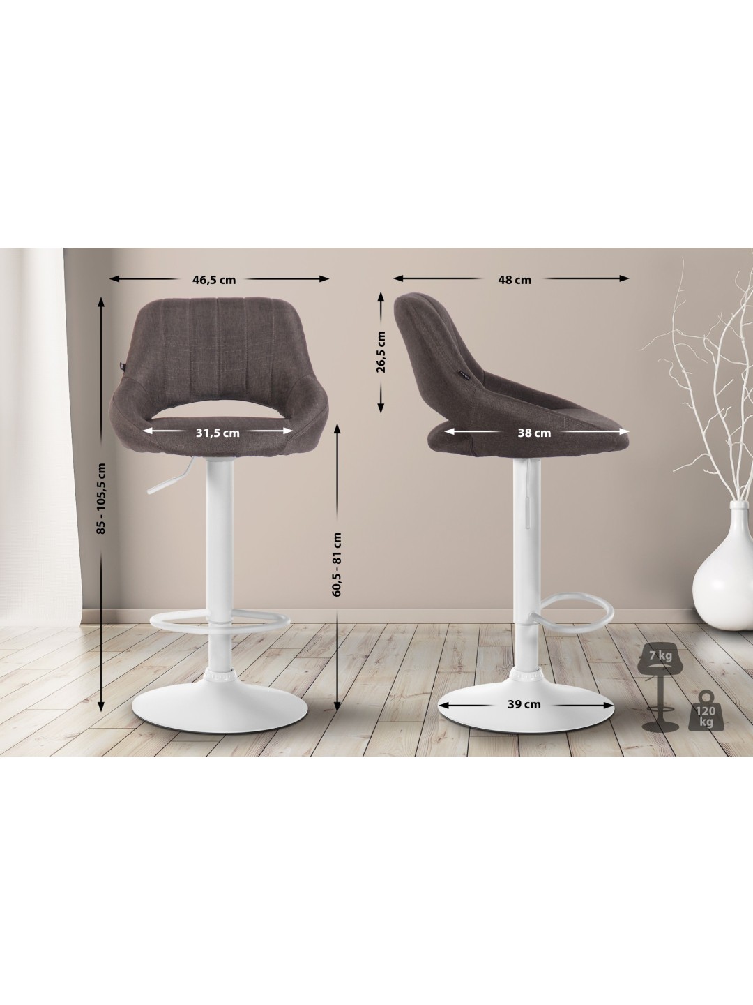 Sæt med 2 barstole Milet stof W, mørkegrå