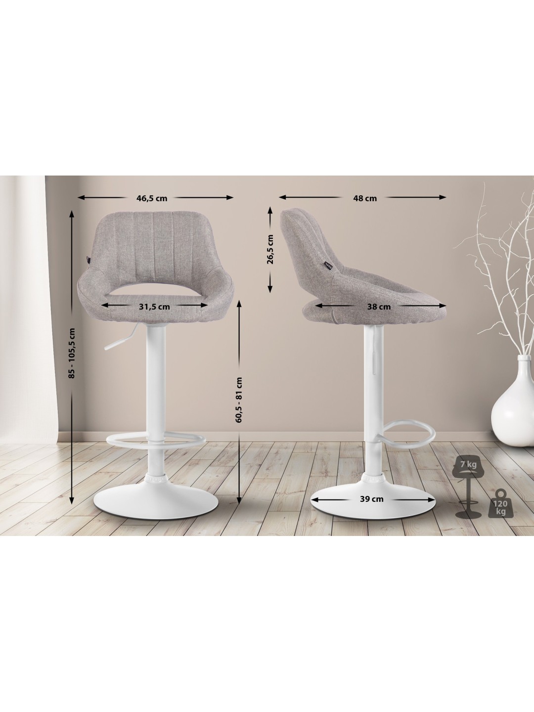 Sæt med 2 barstole Milet stof W, grå
