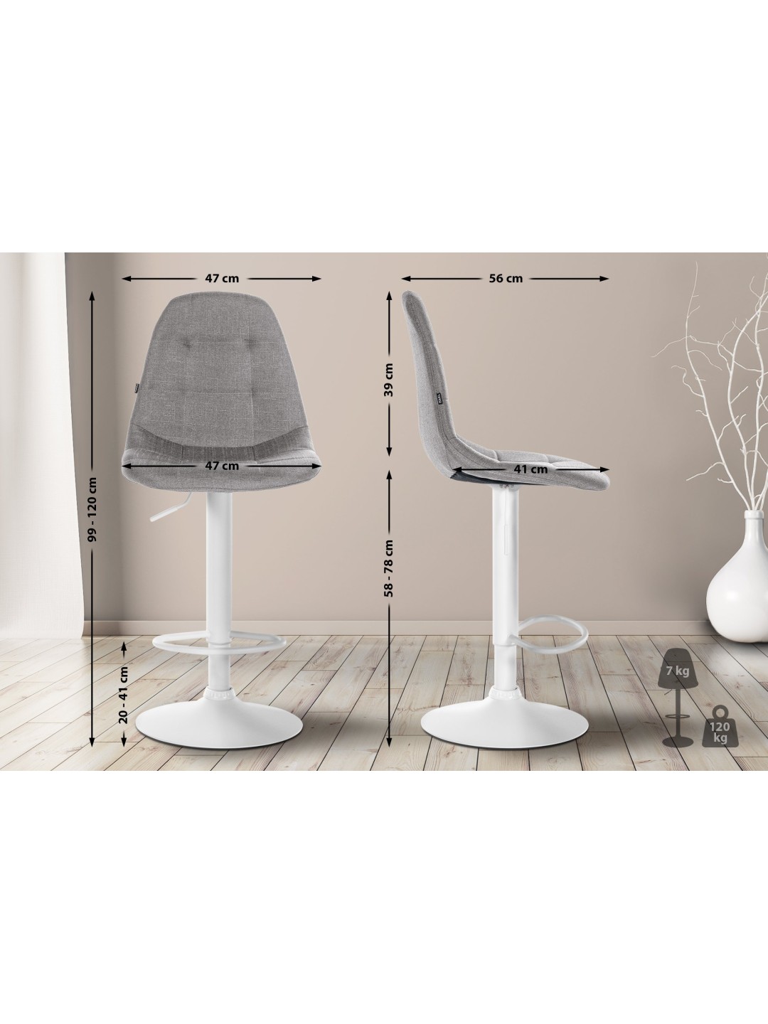 Barstol Elmore stof W, grå