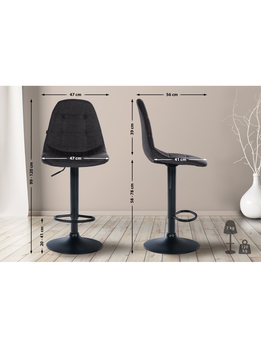 Barstol Elmore stof B, sort