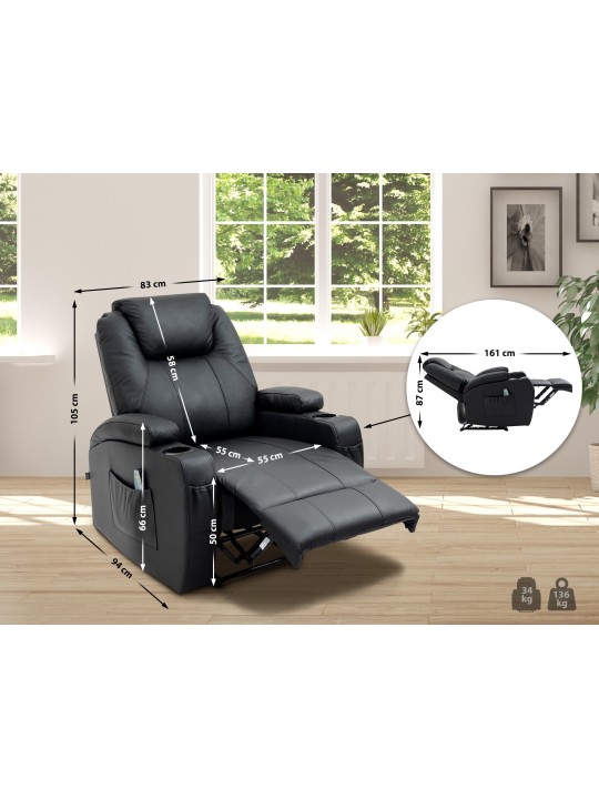 Galena lænestol med massagefunktion ægte læder, sort