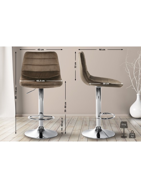 Sæt med 2 barstole Lex fløjlskrom, brun