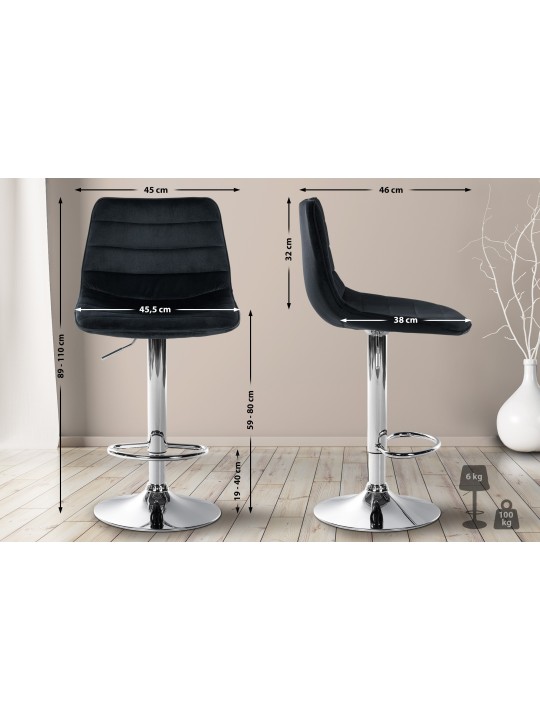 Sæt med 2 barstole Lex fløjlskrom, sort