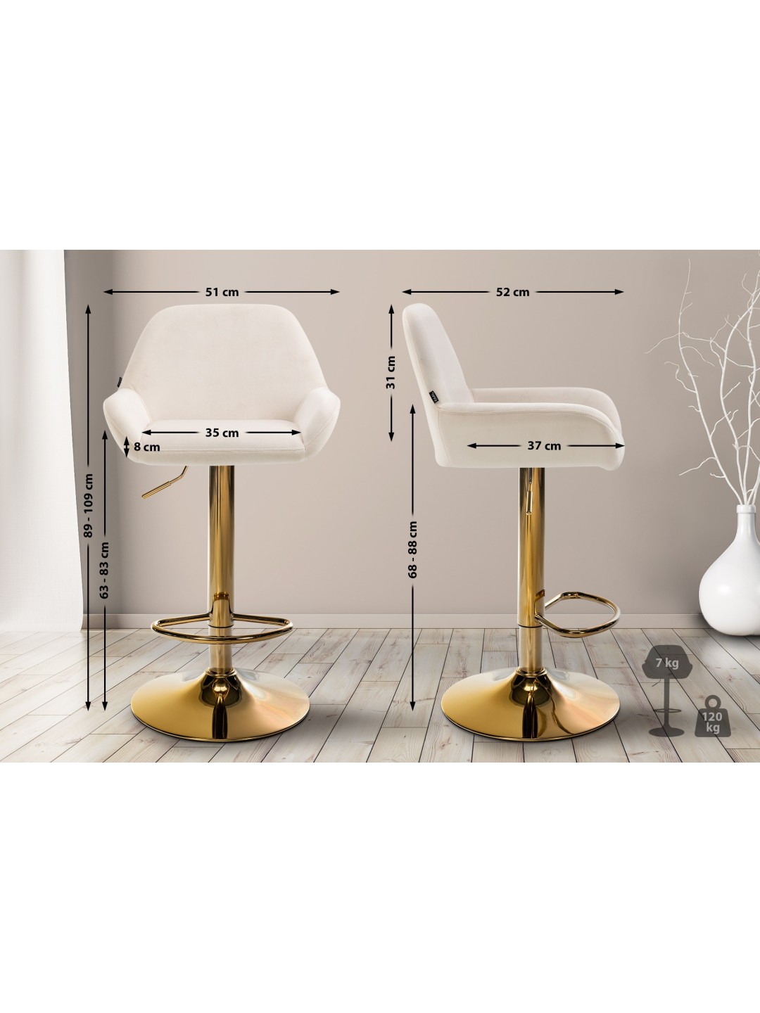 Barstol Braga Gold Velvet, creme