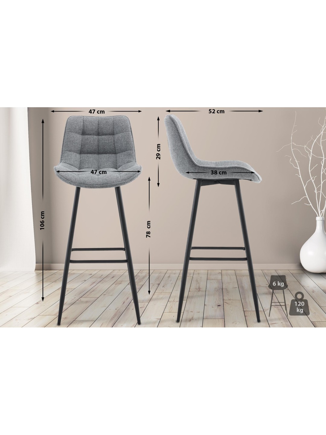 Sæt med 2 barstole Dartford stof, grå