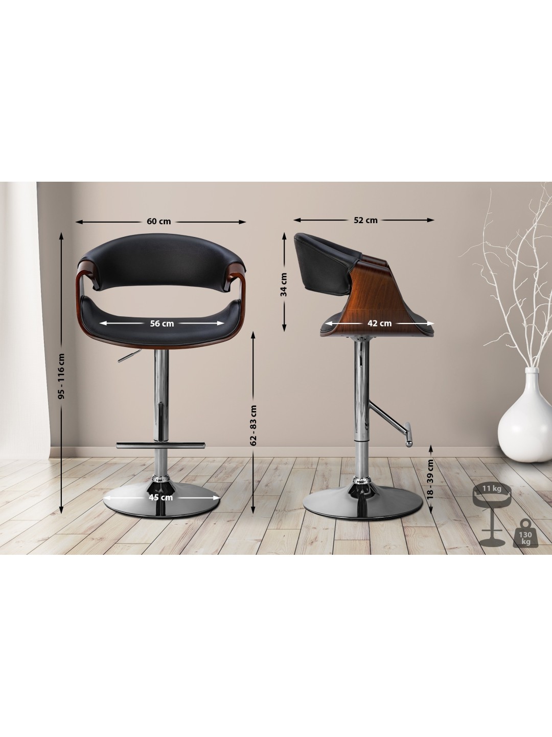 Sæt med 2 barstole Foley imiteret læder, valnød/sort