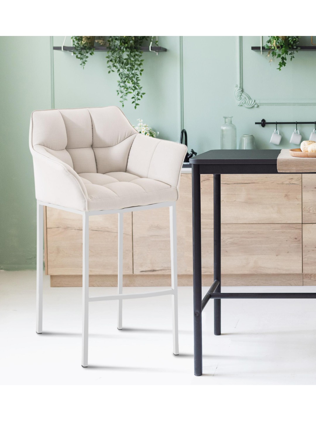 Barstol Damaso stof med 4 fods stel, hvid