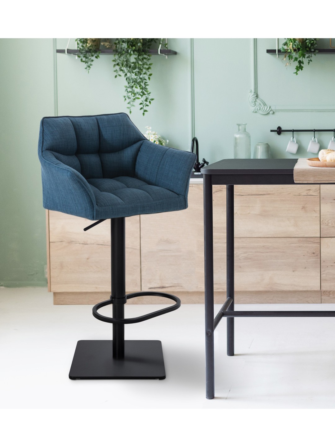 Sæt med 2 barstole Damaso stof, blå