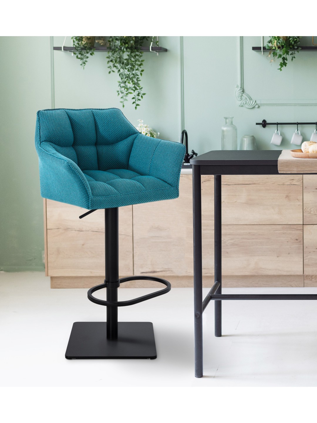 Sæt med 2 barstole Damaso stof, turkis