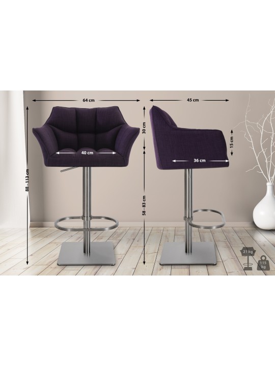 Sæt med 2 barstole Damaso stof rustfrit stål, lilla
