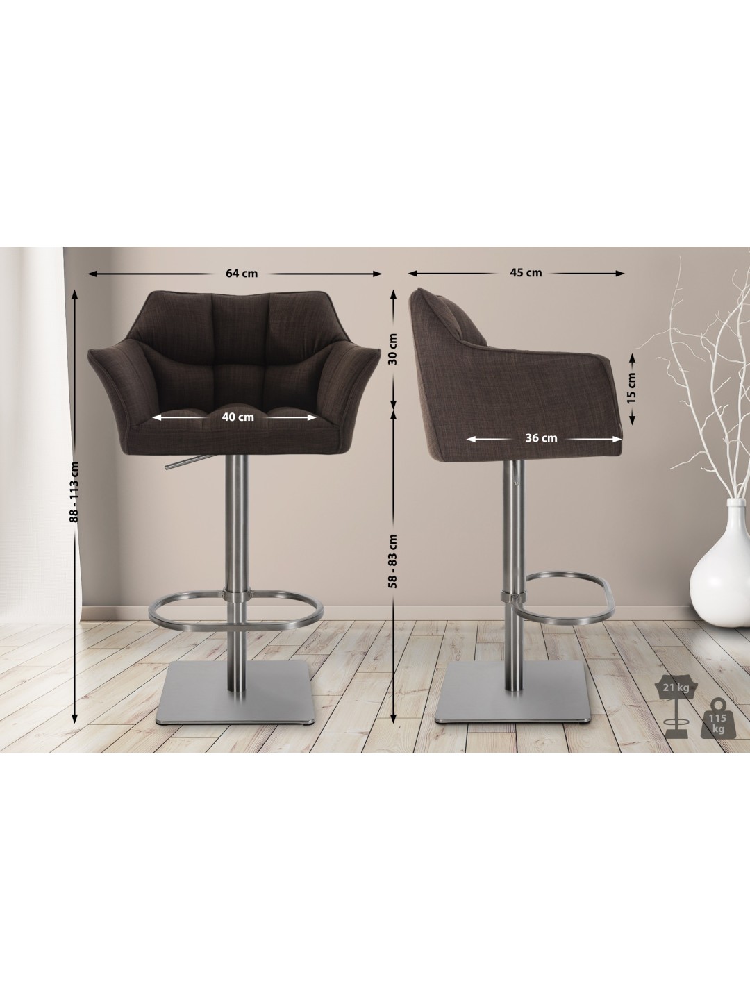 Sæt med 2 barstole Damaso stof rustfrit stål, brun