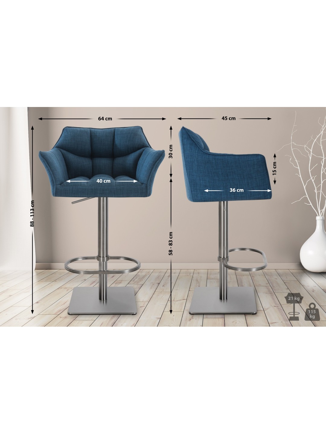Sæt med 2 barstole Damaso stof rustfrit stål, blå