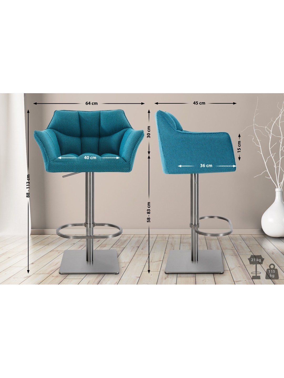Sæt med 2 barstole Damaso stof rustfrit stål, turkis