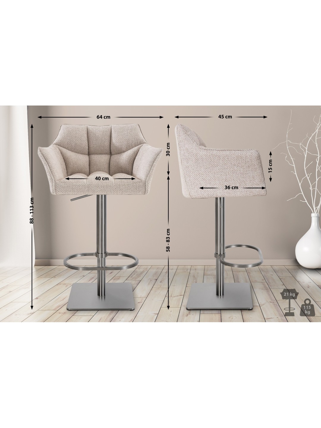 Sæt med 2 barstole Damaso stof rustfrit stål, elfenben