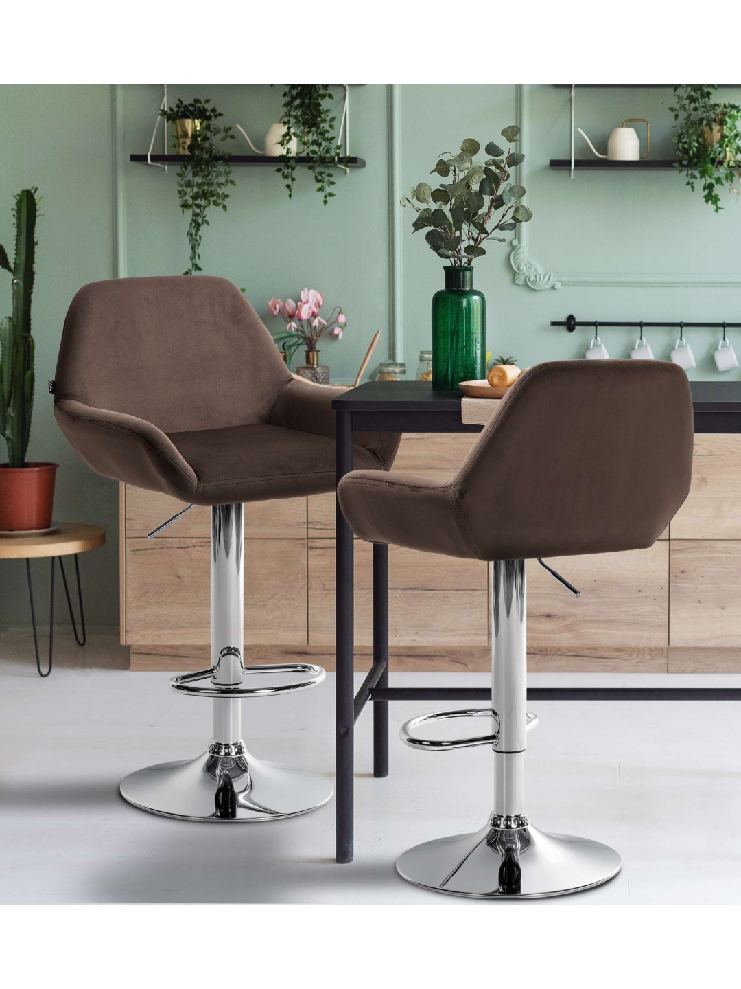 Sæt med 2 barstole Braga fløjlskrom, brun
