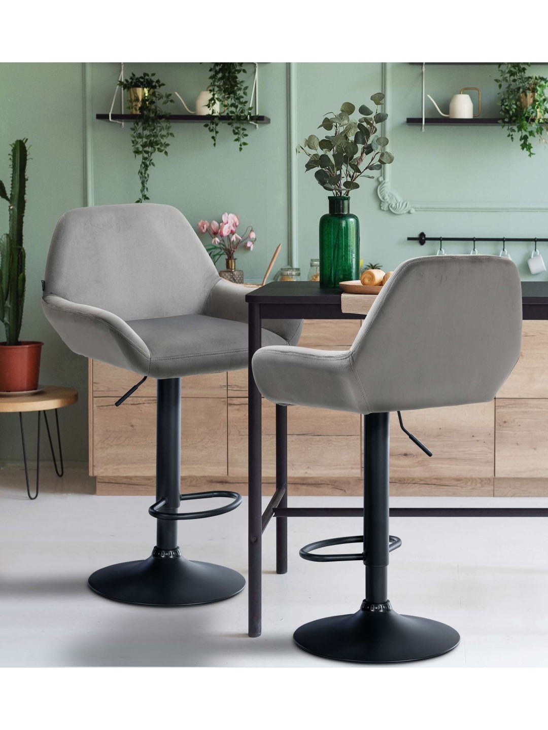 Sæt med 2 barstole Braga velvet, grå