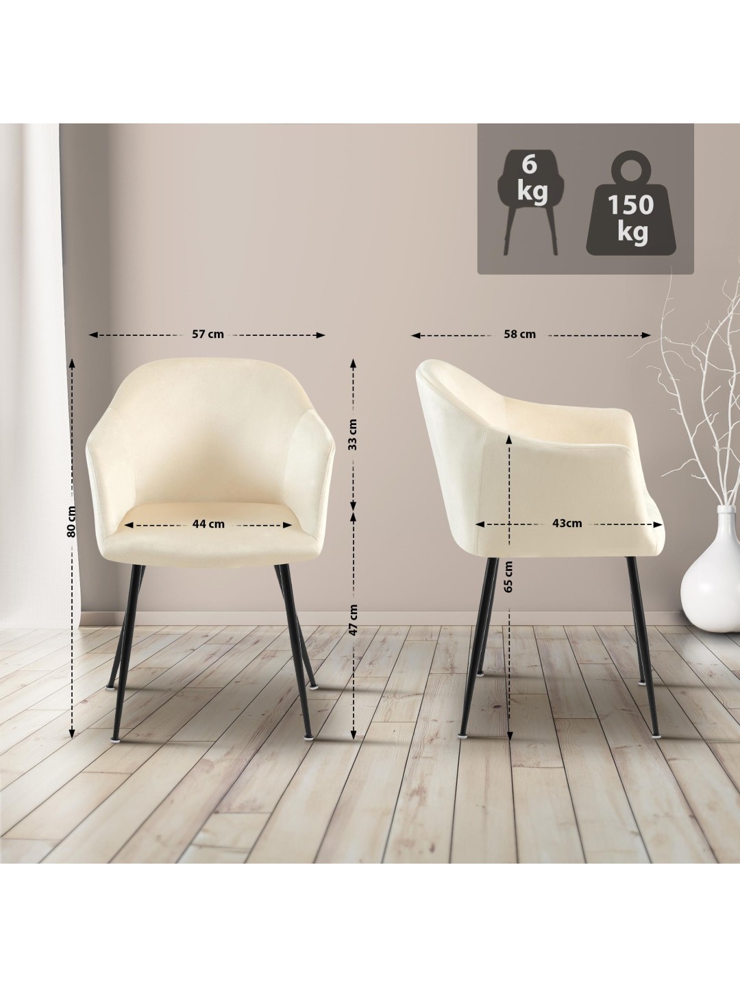 Jaysie spisestuestol i fløjl, creme