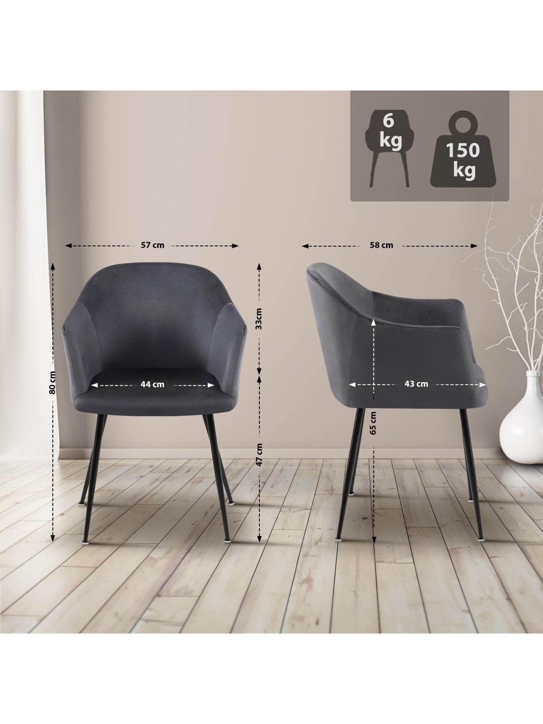 Jaysie spisestuestol i fløjl, mørkegrå