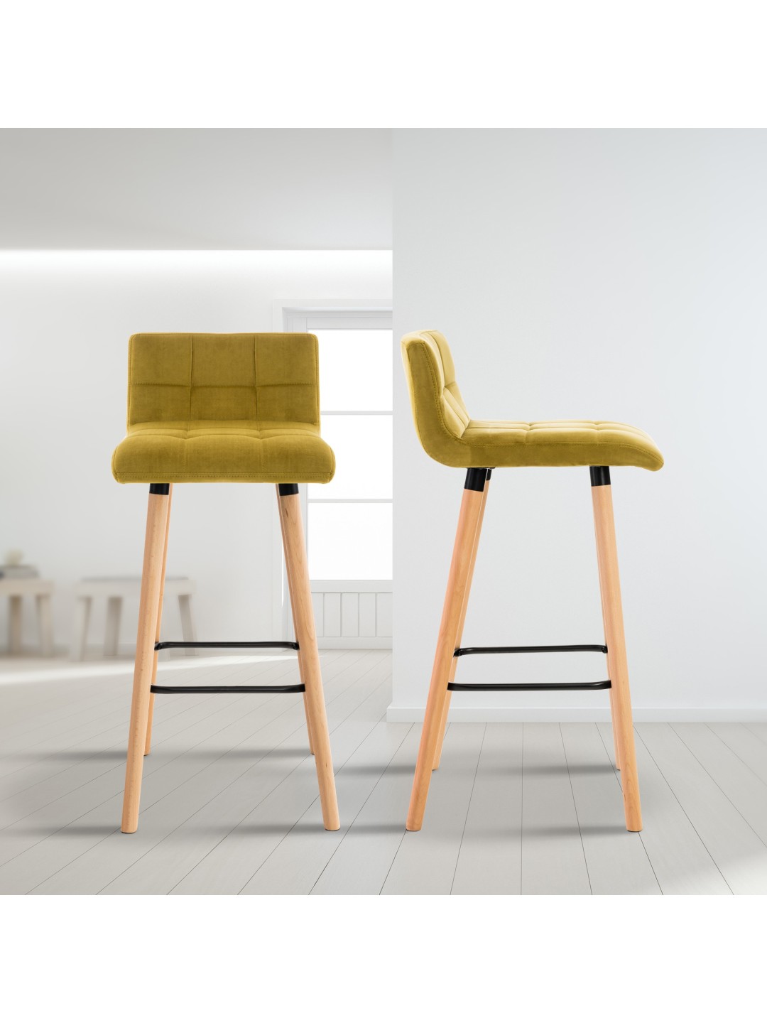 Sæt med 2 barstole Lincoln velvet, gul