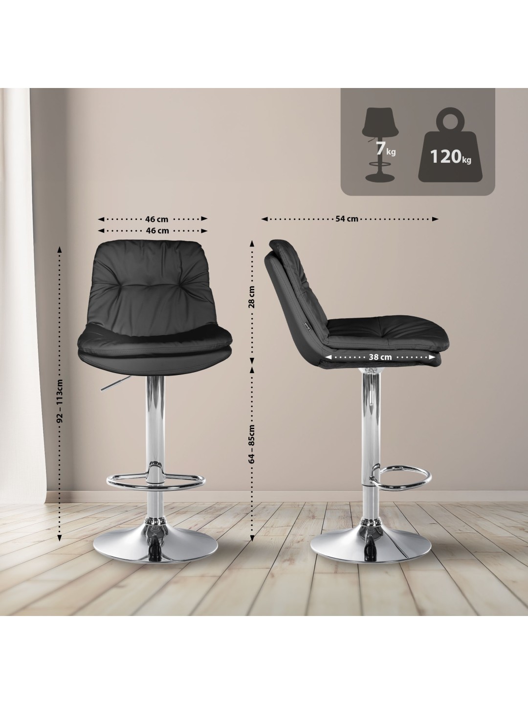 Barstol Laurel imiteret læder krom, sort