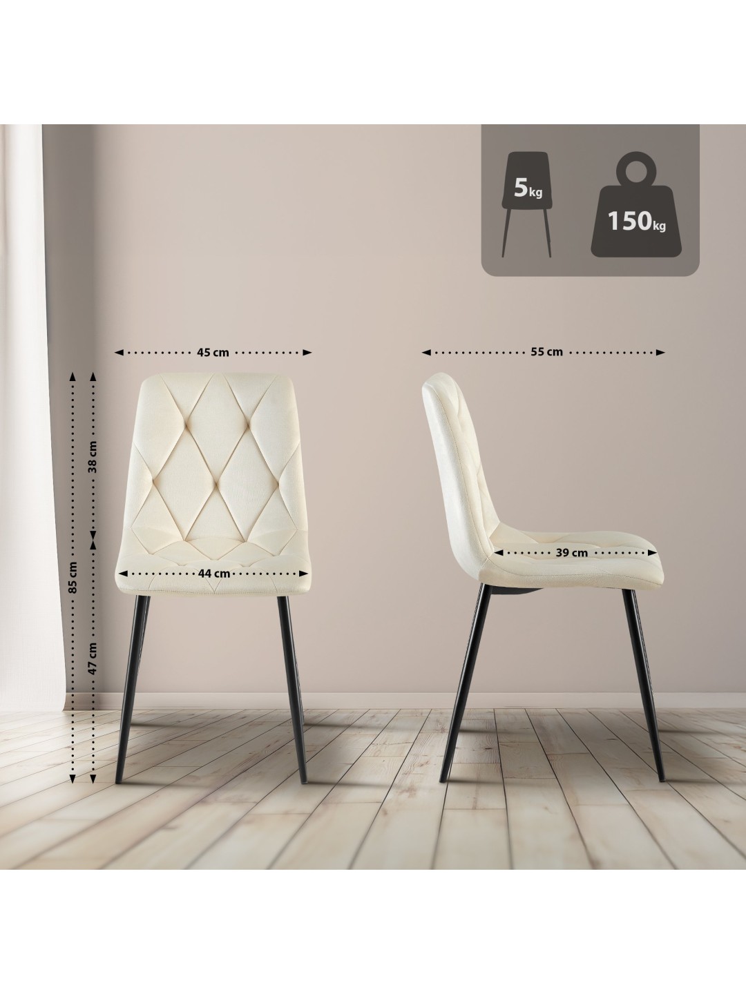 Sæt med 2 spisestuestole Clairton velvet, creme