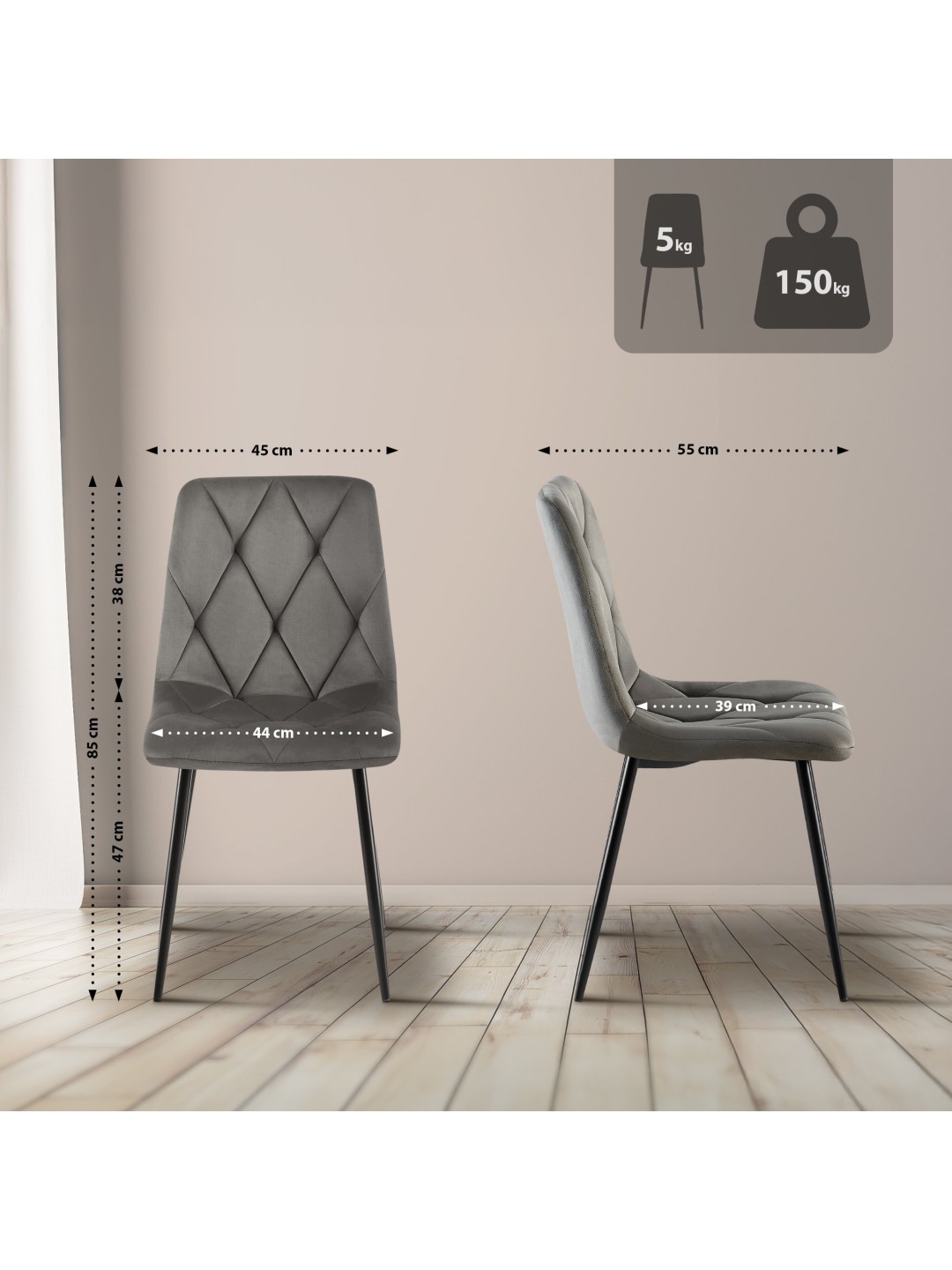 Sæt med 2 spisestuestole Clairton velvet, antracit