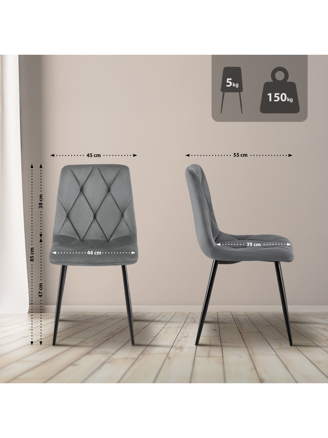 Sæt med 2 spisestuestole Clairton velvet, mørkegrå