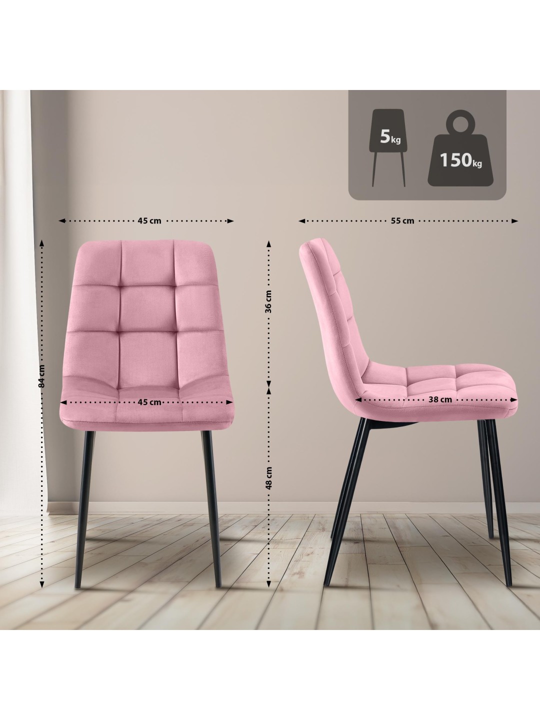 Sæt med 4 spisestuestole Antibes, lyserød