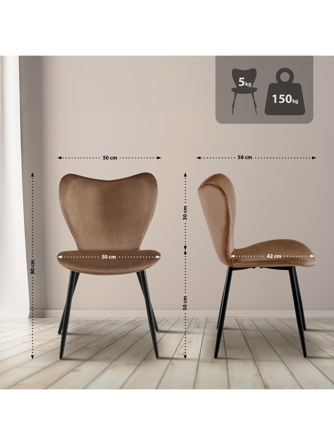 Maika fløjl spisestuestol, brun