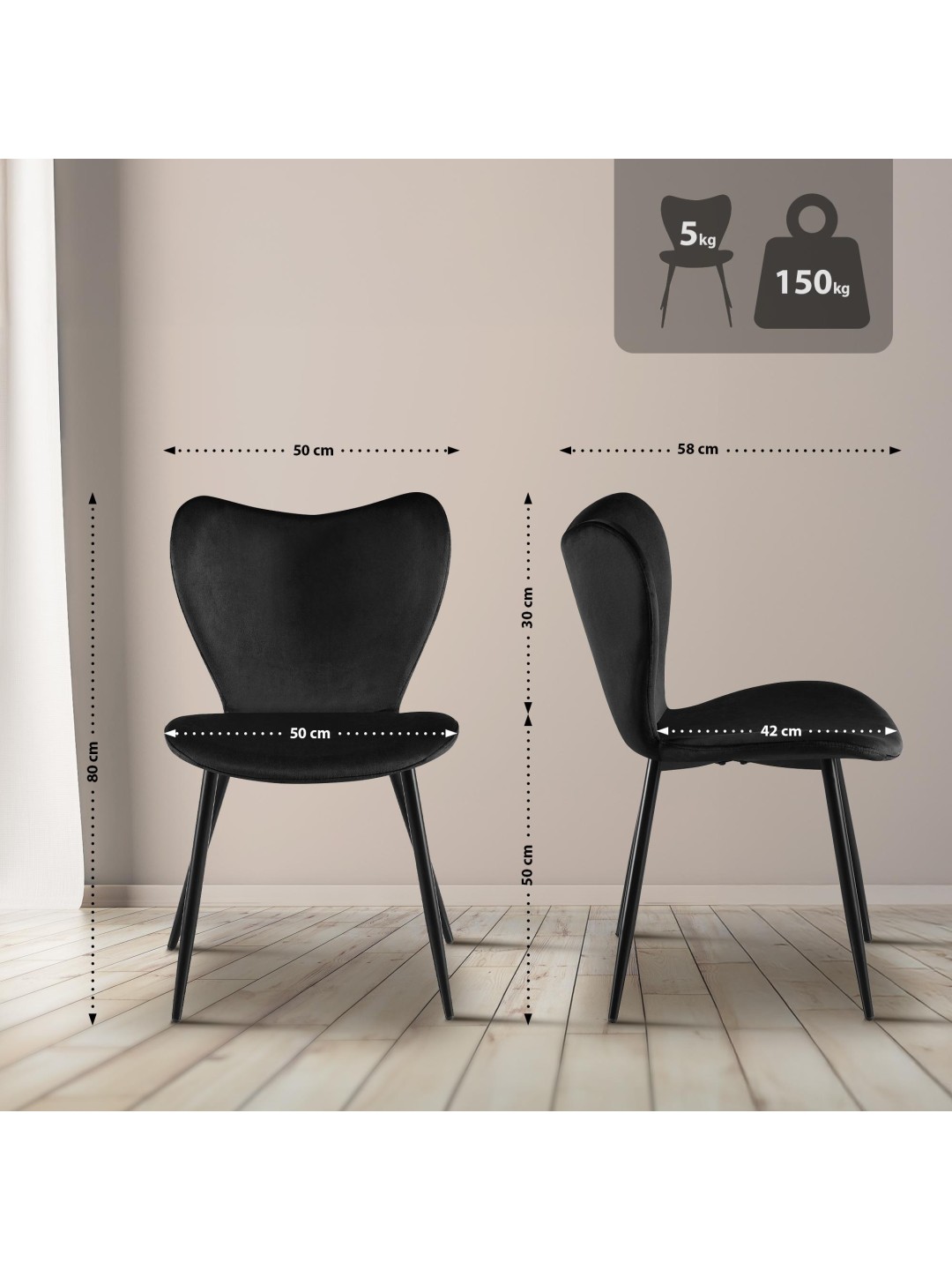 Maika fløjl spisestuestol, sort