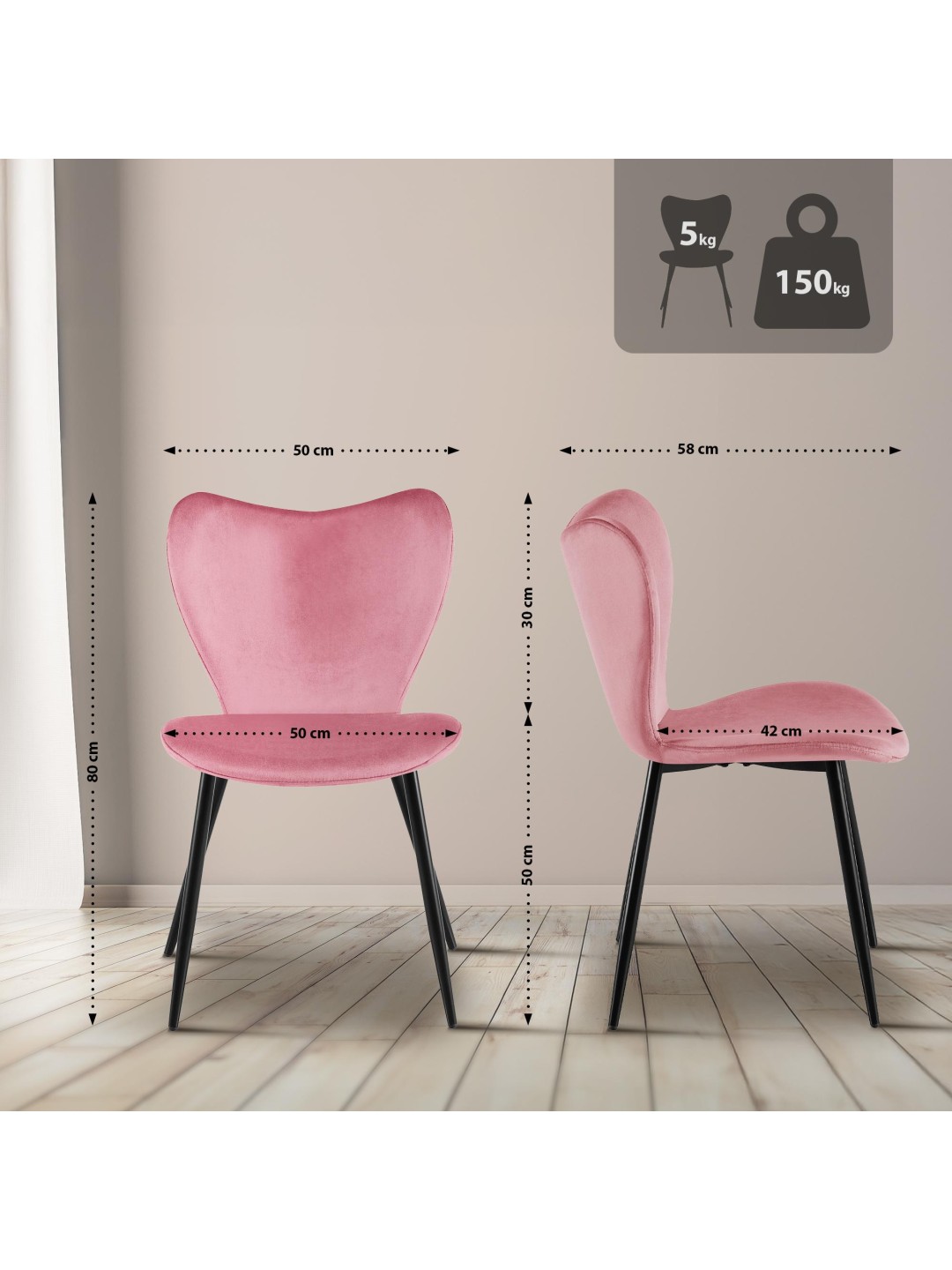 Maika fløjl spisestuestol, lyserød