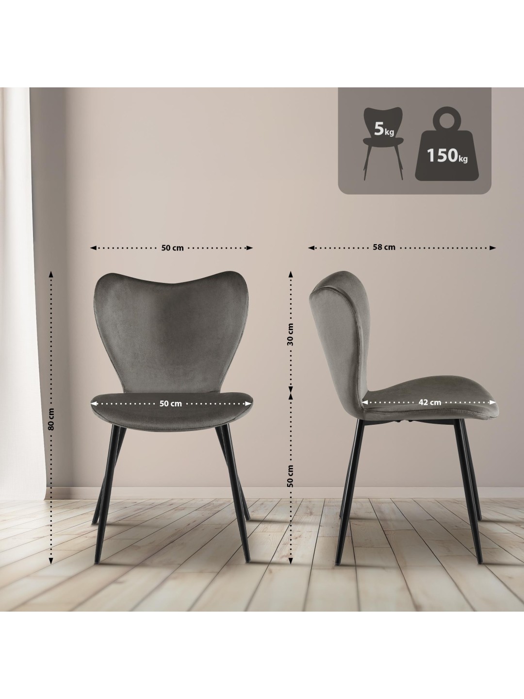 Maika fløjl spisestuestol, antracit