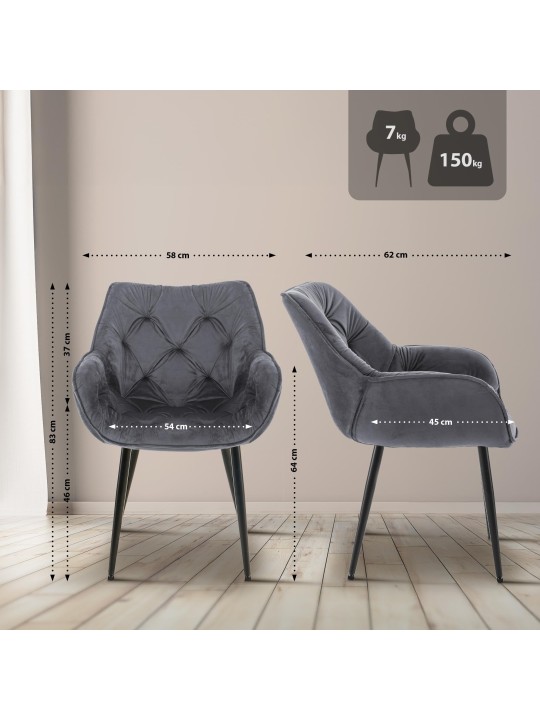 Sæt med 2 stole Tanna velvet, mørkegrå