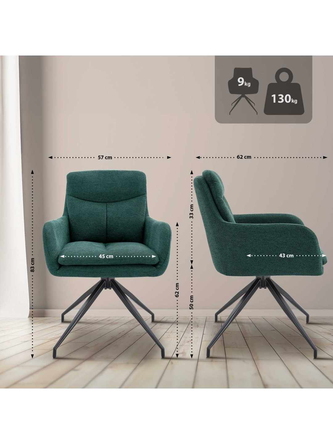 Sæt med 2 spisestuestole Somers stof, grøn