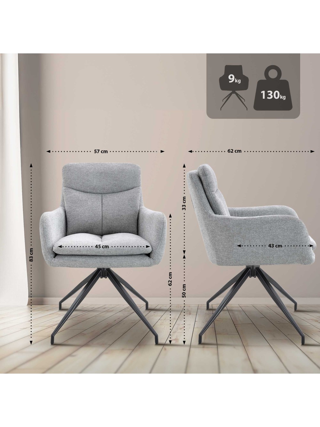 Sæt med 2 spisestuestole Somers stof, lysegrå