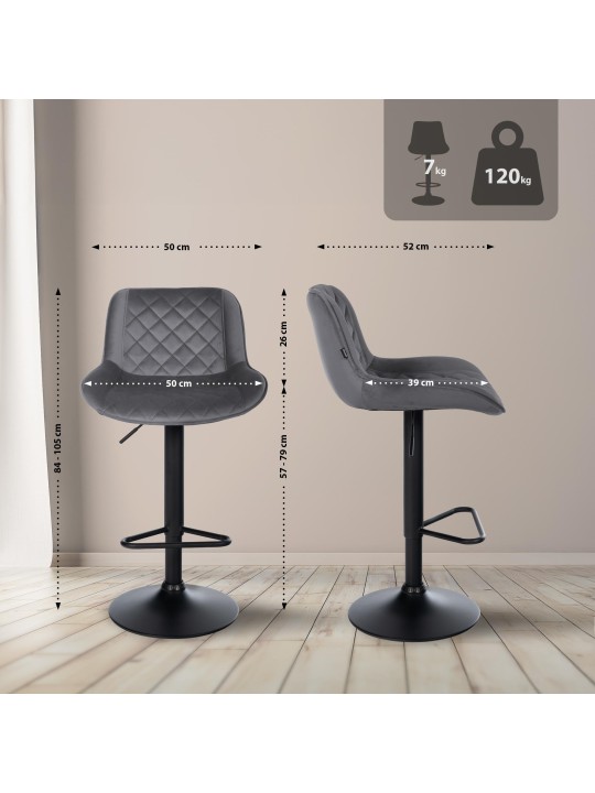 Sæt med 2 barstole Kasson velvet, mørkegrå