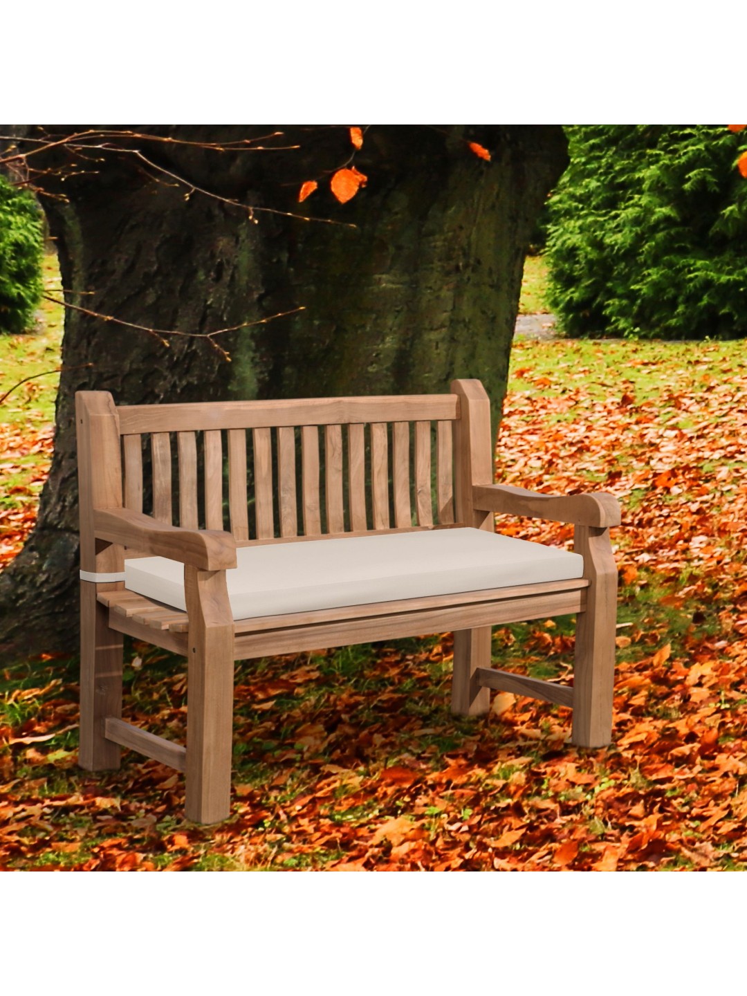 Teak bænk Jackson med sædehynde 120 cm + teak, creme