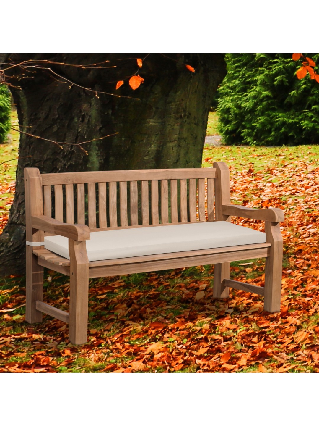 Teak bænk Jackson med sædehynde 150 cm + teak, creme