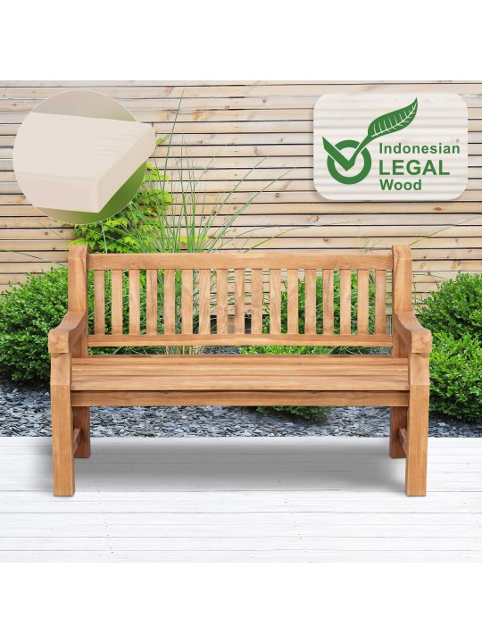 Teak bænk Jackson med sædehynde 150 cm + teak, creme Teak bænk Jackson med sædehynde 150 cm + teak, creme