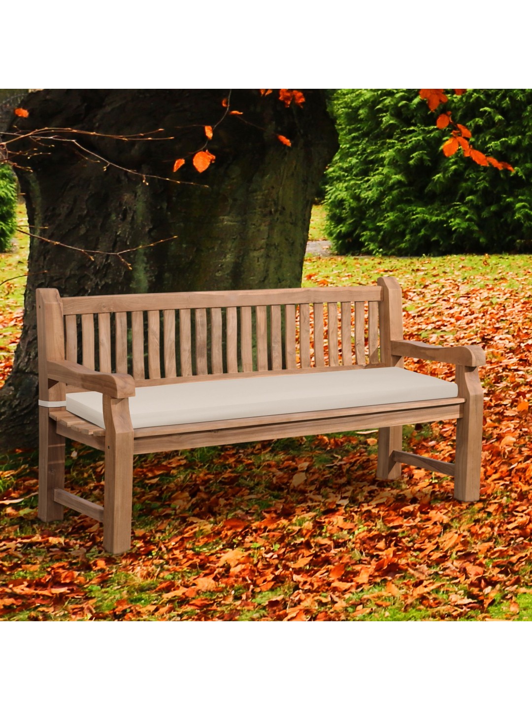 Teak bænk Jackson med sædehynde 180 cm + teak, creme