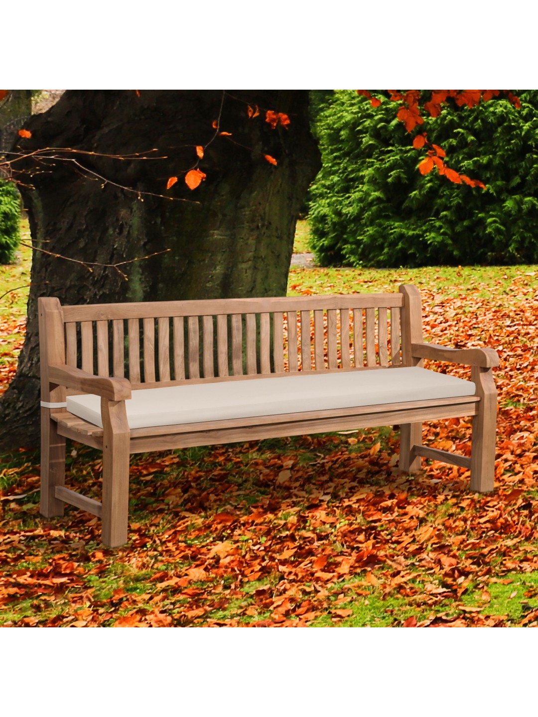 Teak bænk Jackson med sædehynde 200 cm + teak, creme